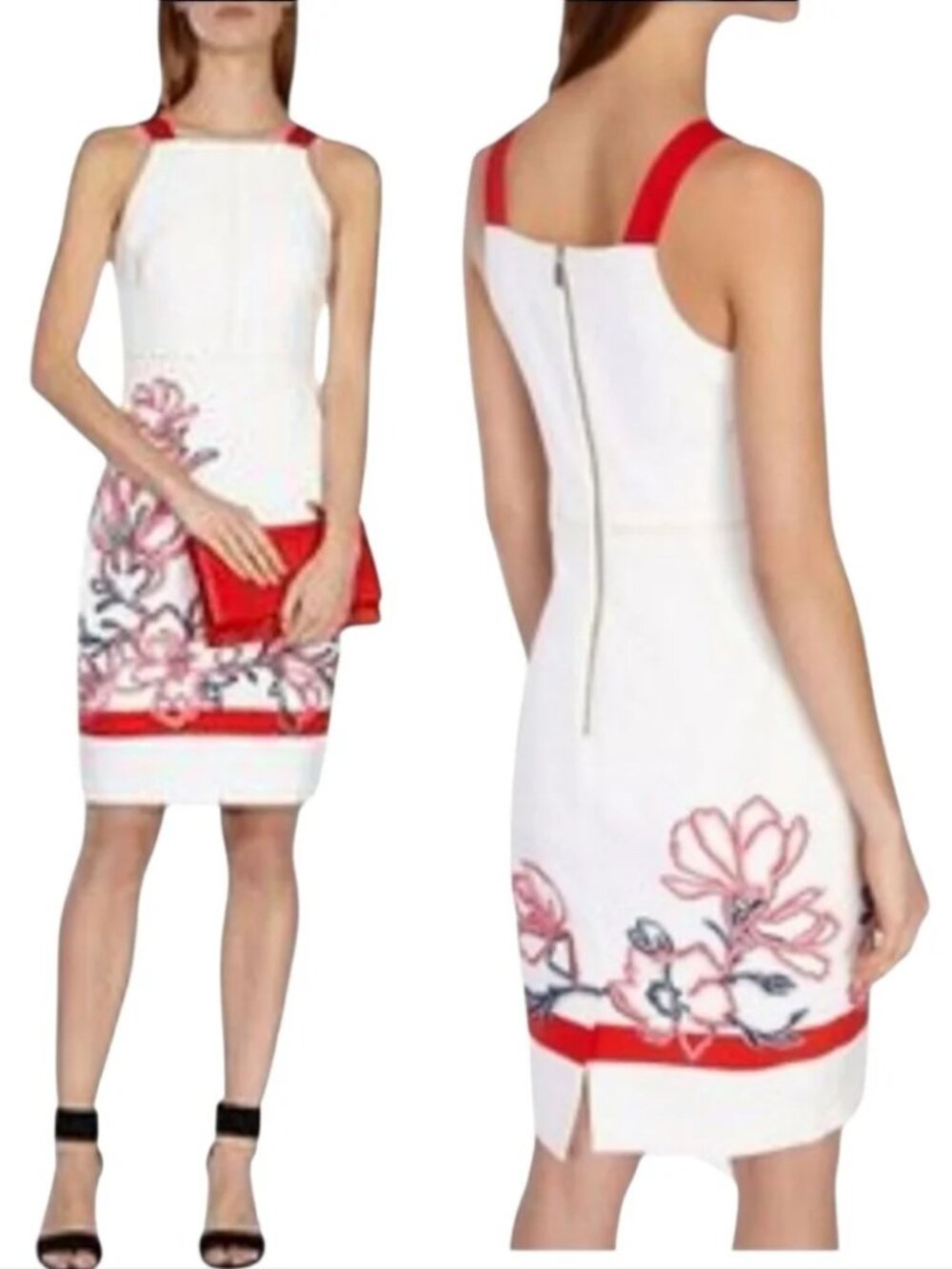 Karen Millen White Floral Ribbon Embroidered Cocktail Lined Dress size 4